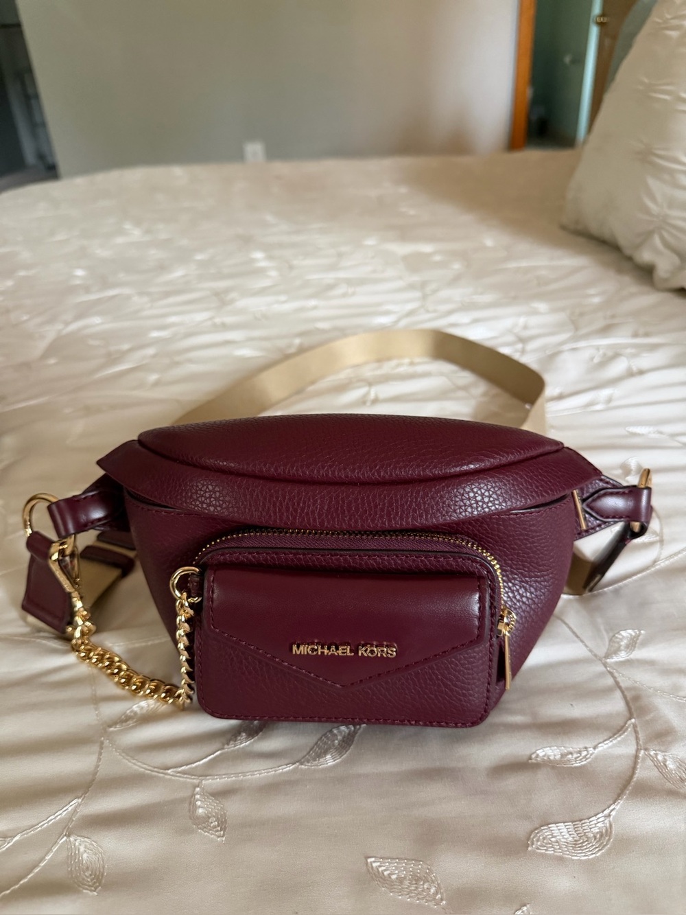 Michael Kors Burgundy Leather Crossbody Belt Bag with Gold Chain
